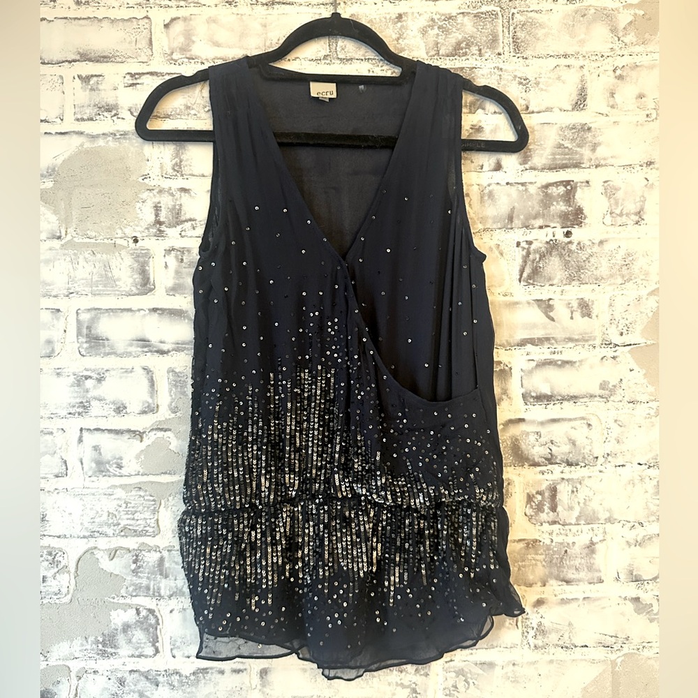 Ecru | Navy Blue Sequined Deep V Going Out Top